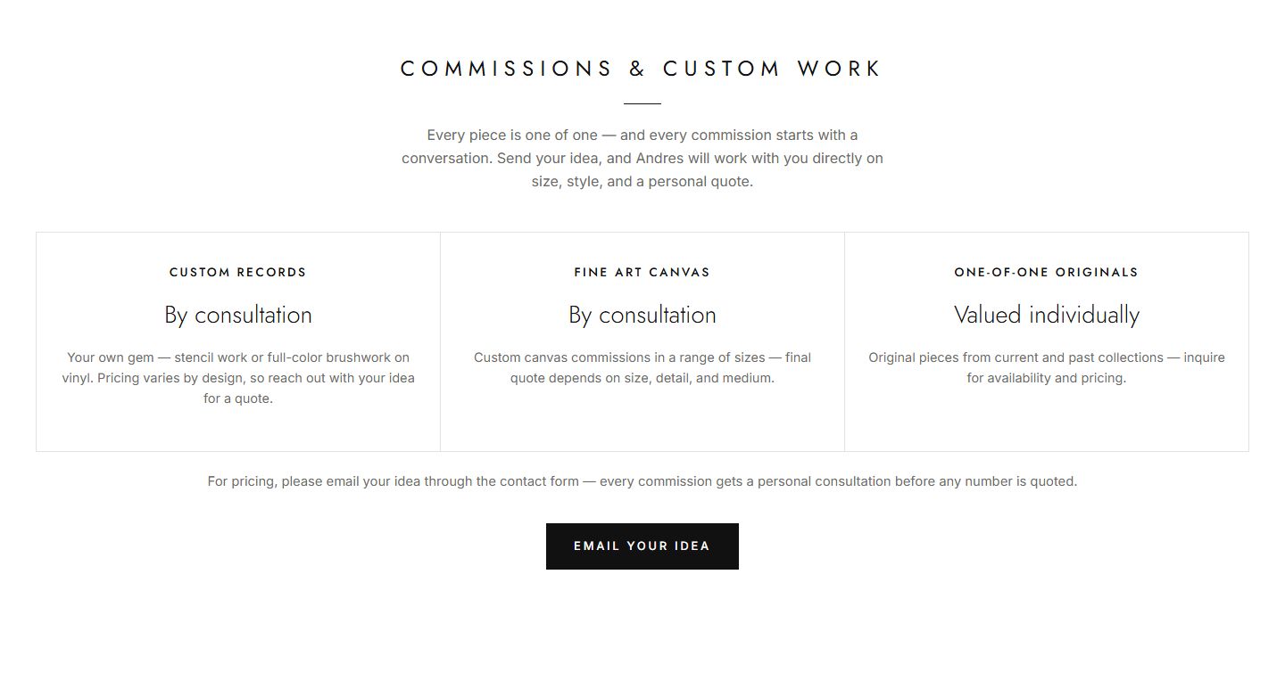 Commissions page on artofandres.com with consultation-based cards for custom records, canvases, and one-of-one originals