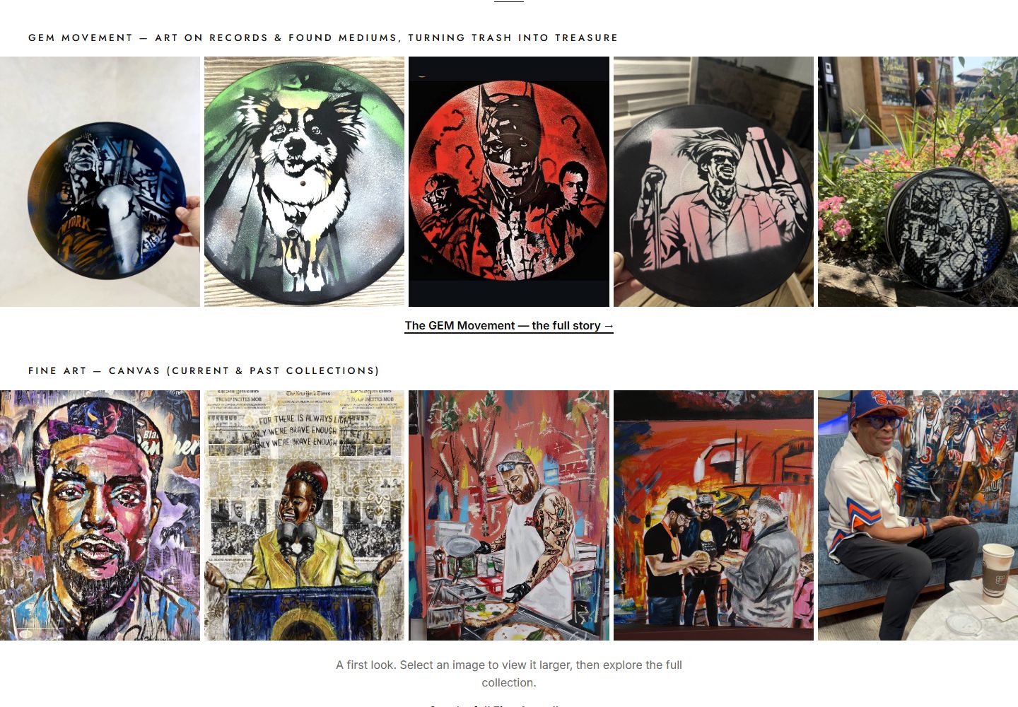 Homepage selected-work rows on artofandres.com showing GEM Movement record art and fine art canvases, including Spike Lee with a canvas Andres painted for him