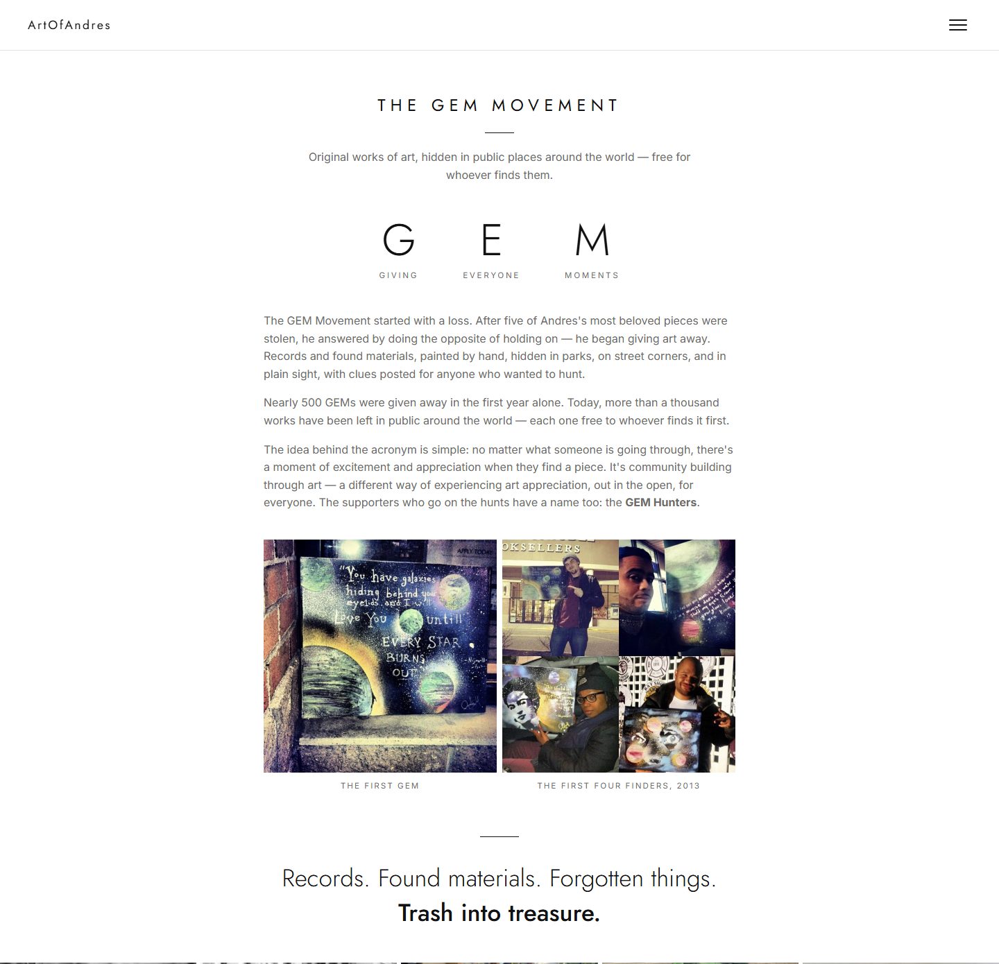 The GEM Movement page on artofandres.com — the Giving Everyone Moments acronym, the movement's story, and a sliding photo showcase
