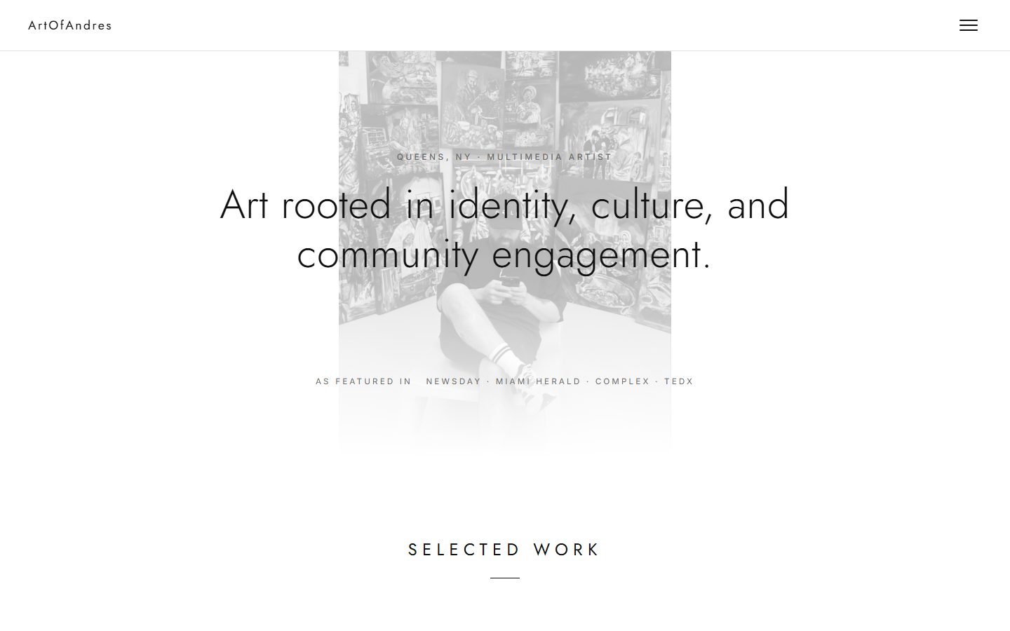 artofandres.com homepage — minimal black and white hero with the artist's name, location, and press strip