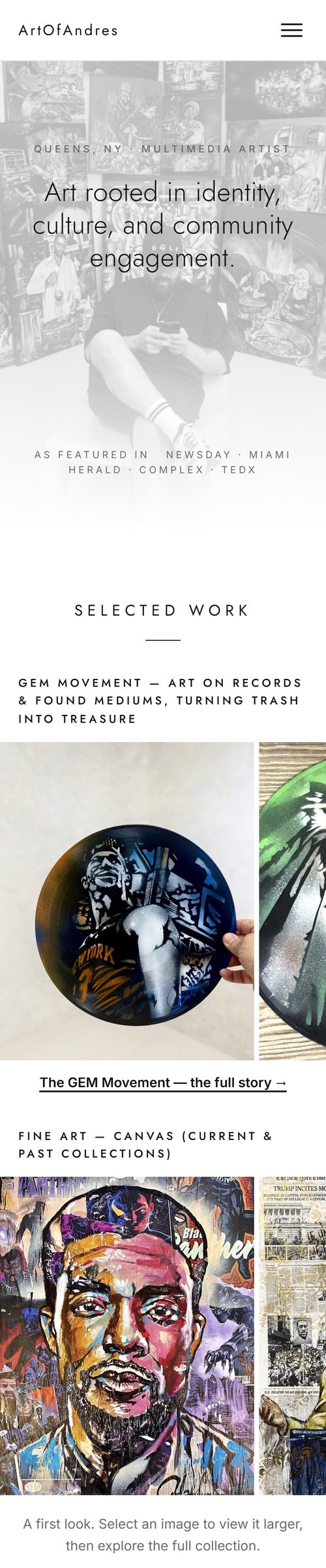 artofandres.com homepage on a phone — fully responsive mobile layout