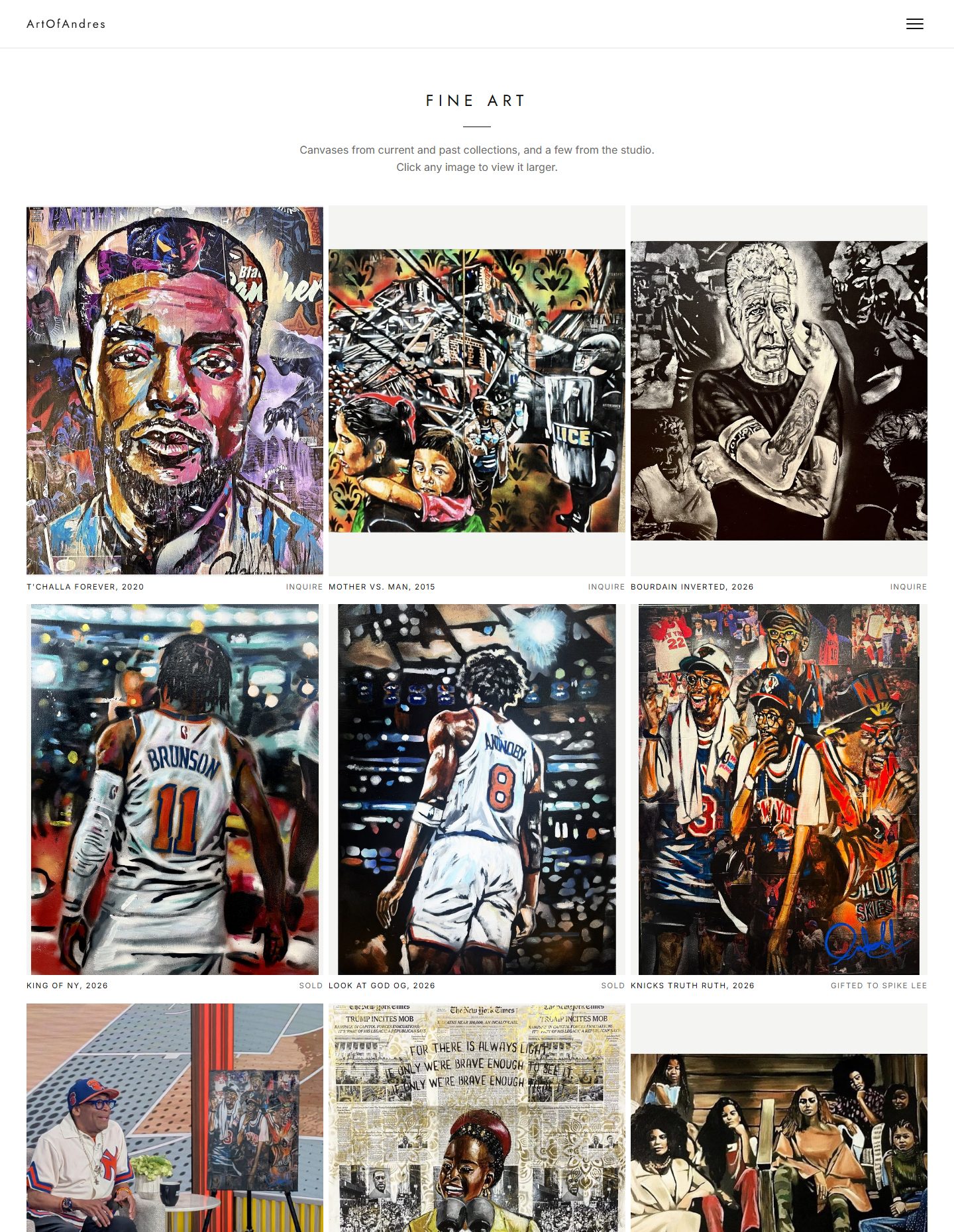 Fine Art page on artofandres.com — a three-column grid of canvases with artwork details shown where supplied