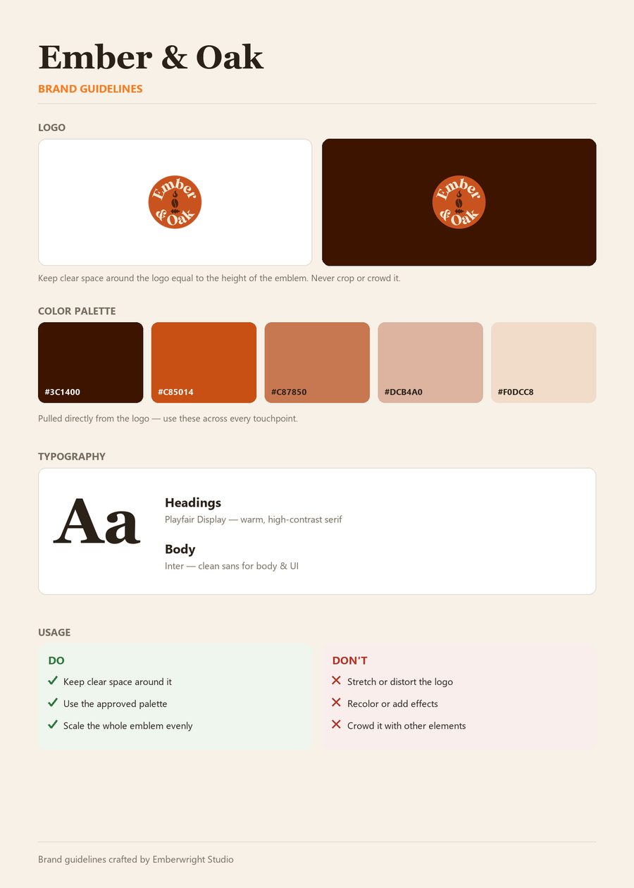 Brand guidelines sheet example — logo rules, color palette, typography