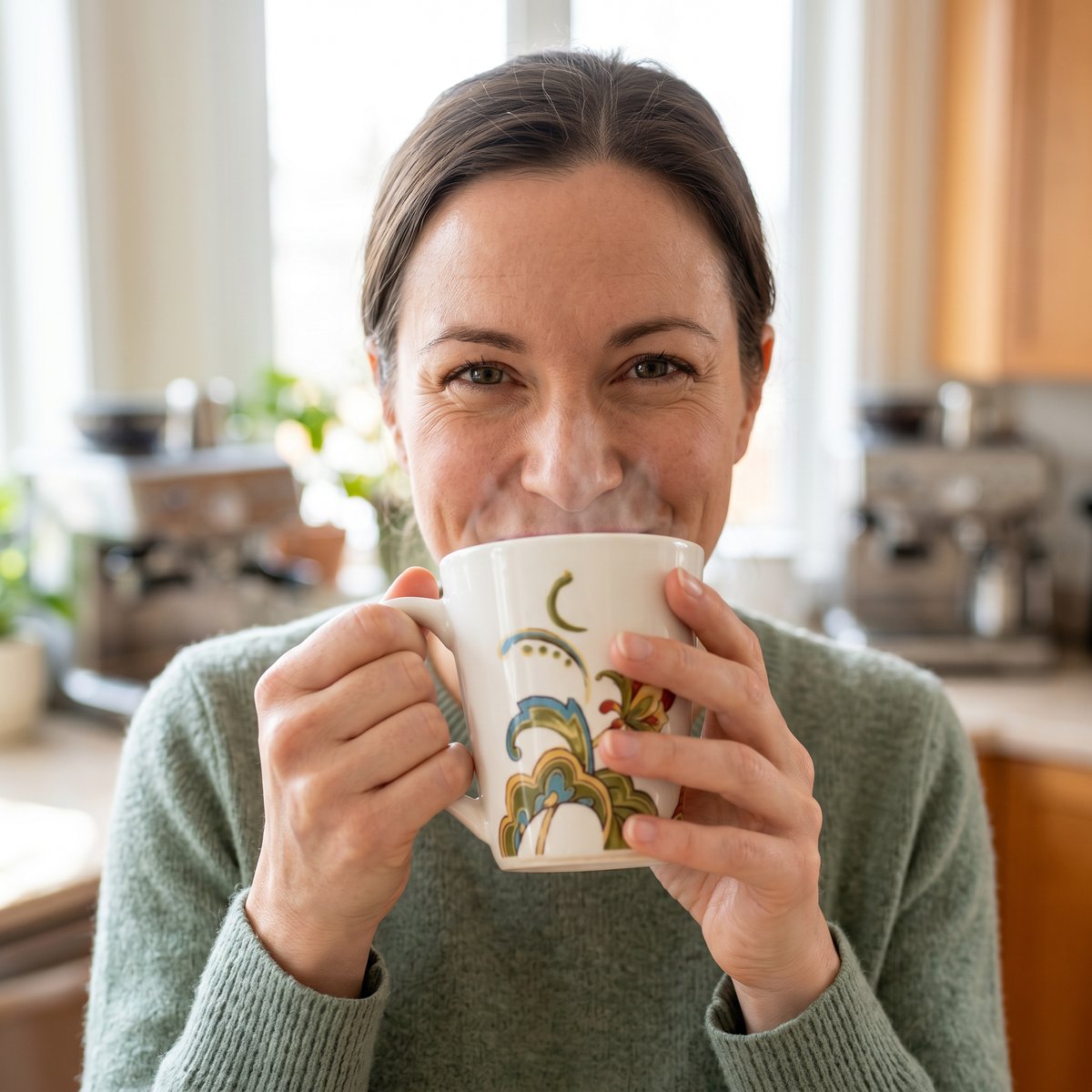 Lifestyle photo of a woman holding the mug