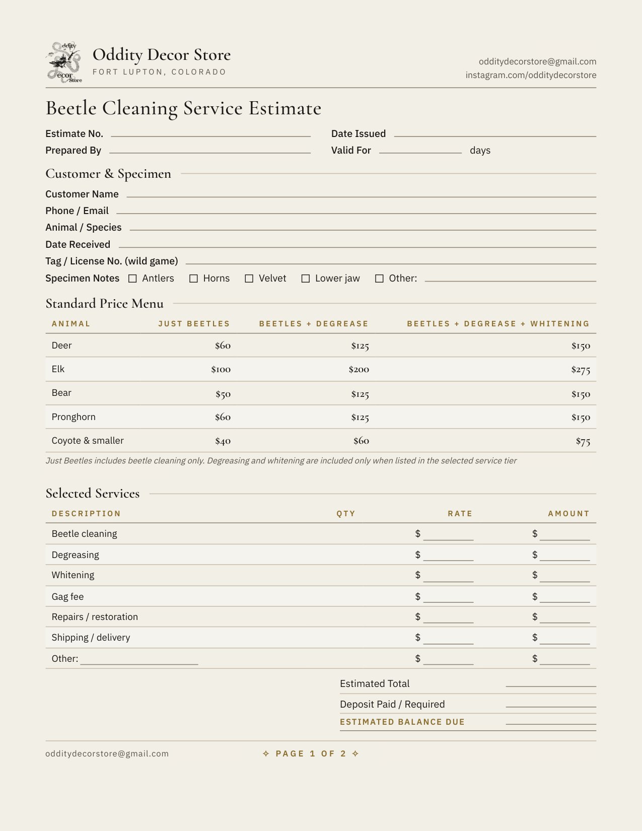 Page one of the beetle-cleaning estimate form on cream paper — estimate number and date lines, customer and specimen fields with checkboxes, the standard price menu, selected services with quantity, rate and amount columns, and the totals block