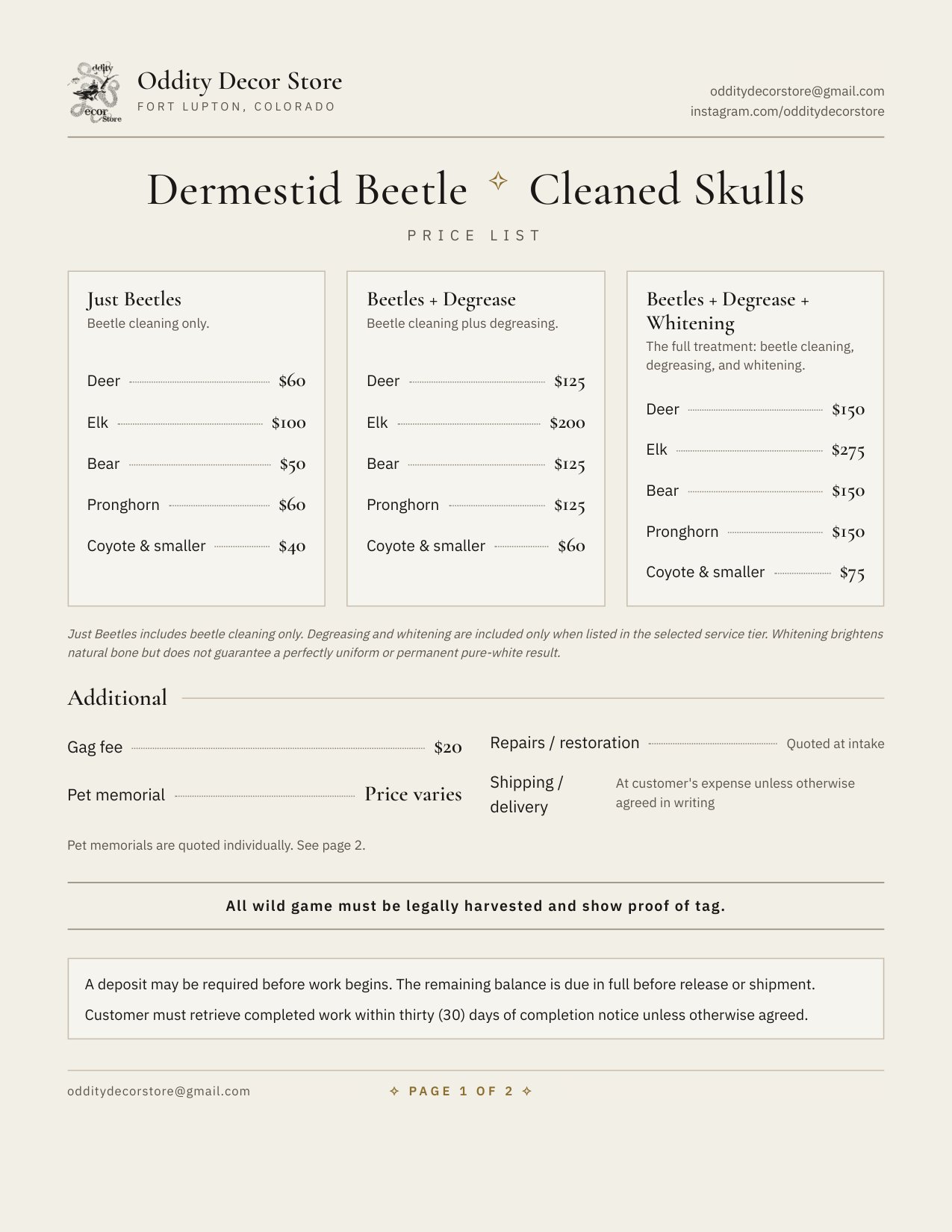 Page one of the printed price list on cream paper — Dermestid Beetle Cleaned Skulls, three tier columns by animal, an Additional section, the wild-game rule, and the deposit and pickup terms