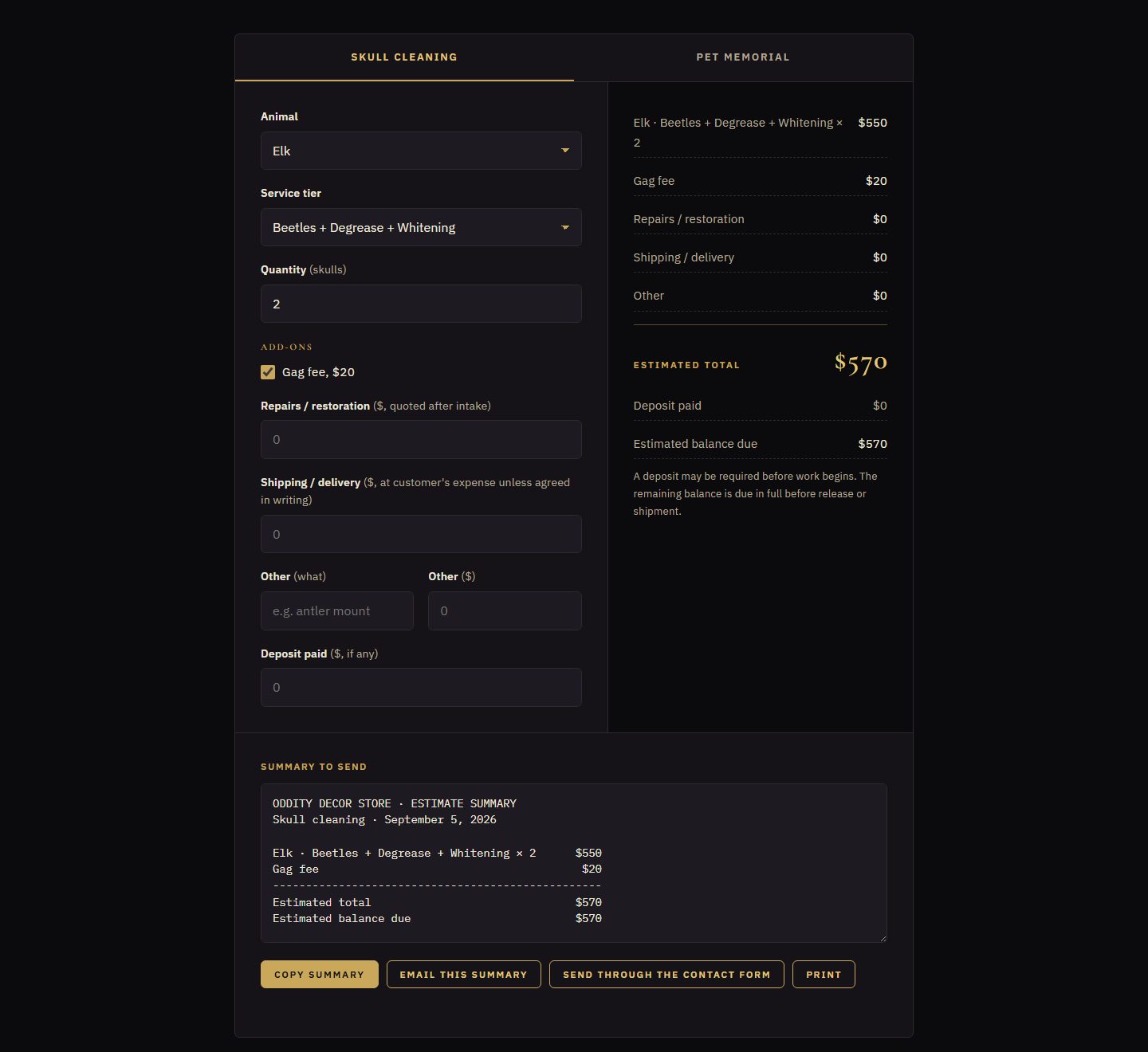 The estimate calculator mid-use — Elk, the full cleaning tier, quantity two and the gag fee selected, with a running total of $570 and a plain-text summary ready to copy, email, send or print