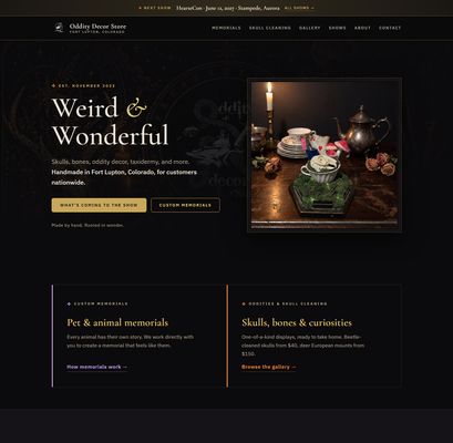 Screenshots of odditydecorstore.com, a dark museum-inspired website built by Emberwright Studio