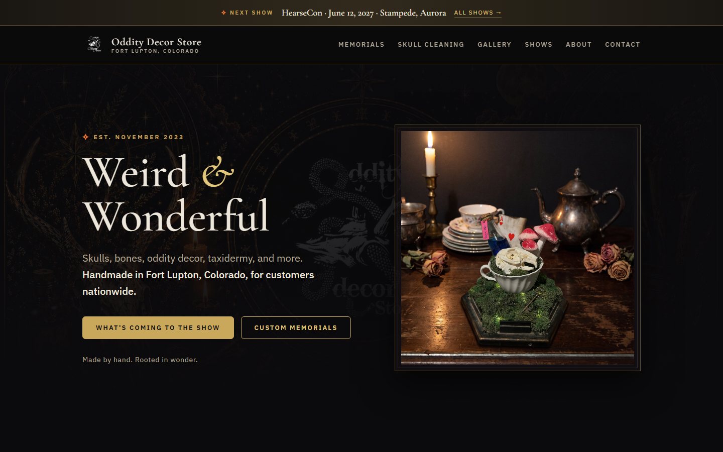 The odditydecorstore.com home page: a dark, museum-style header, the headline Weird & Wonderful beside a candlelit photo, and two doors below for memorials and skull cleaning