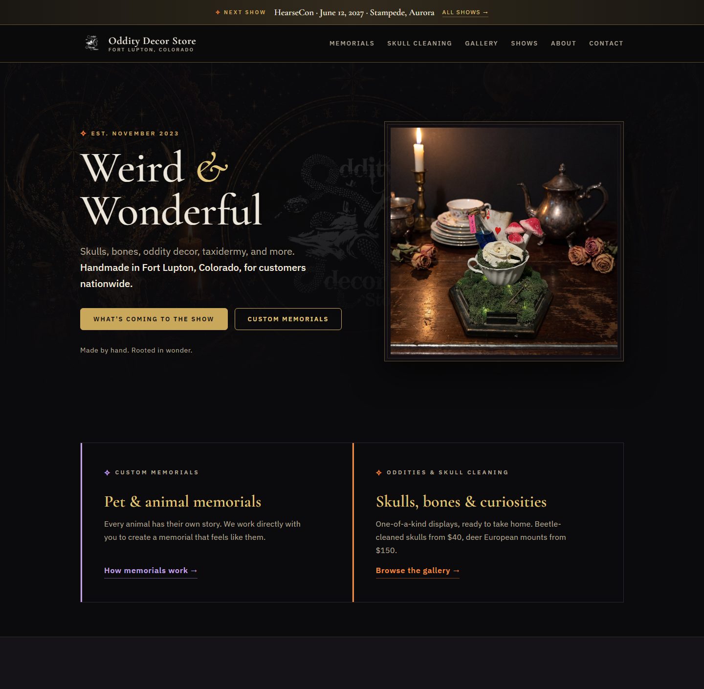odditydecorstore.com home page — a next-show strip above the header, the headline Weird & Wonderful in a cream serif beside a candlelit photo of a small skull in a teacup with red mushrooms, and two doors below it: Pet & animal memorials in lavender and Skulls, bones & curiosities in orange