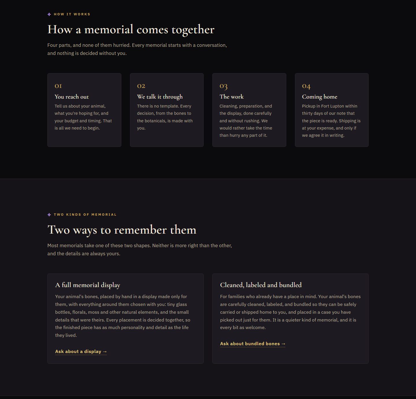 The memorial page's four-step How a memorial comes together section and its Two ways to remember them cards, in the lavender memorial register