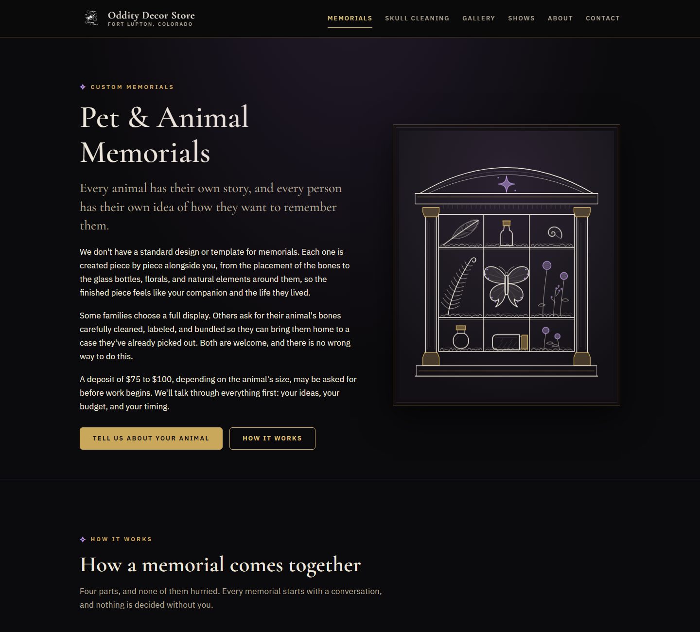 The Pet & Animal Memorials page — lavender accent, a serif headline, and in the vitrine frame a line drawing of an arched memorial cabinet with a butterfly, a fern, dried flowers and small corked bottles in its compartments, then the start of the how-it-works section