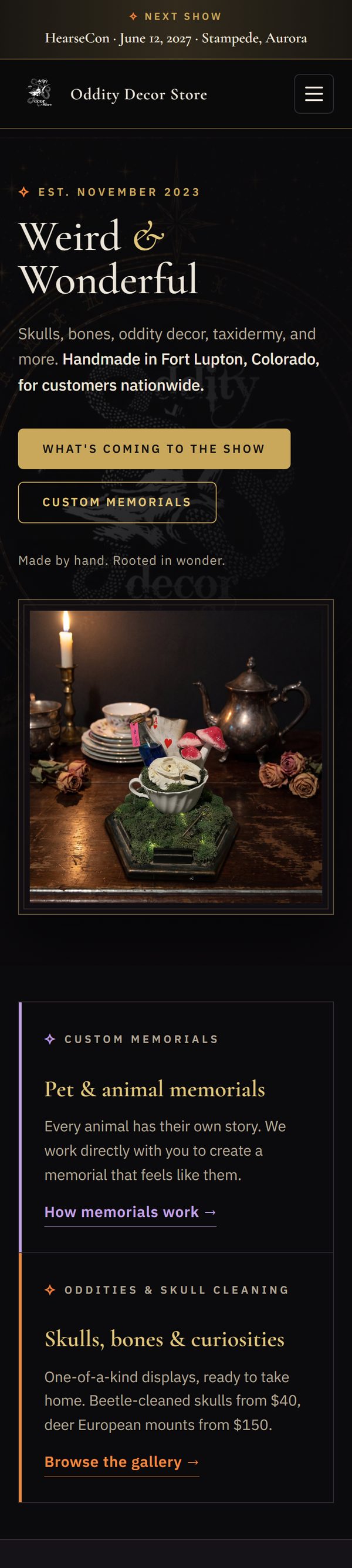 odditydecorstore.com home page on a phone — the next-show strip, the hero, the teacup photo, and the two doors stacked in a single column