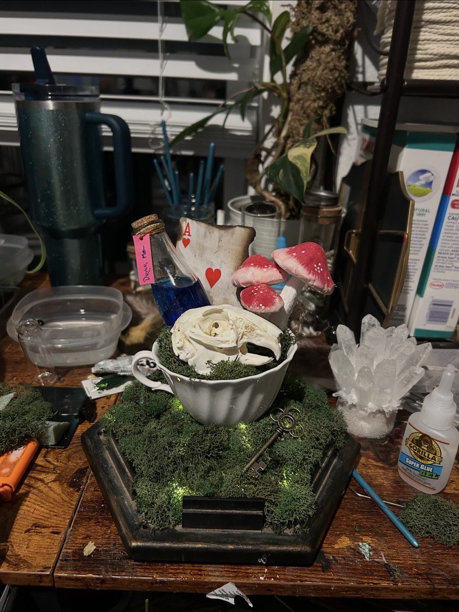 The original phone photo: a small skull in a white teacup on lit moss with red mushrooms, on a cluttered workbench with a tumbler, a glue bottle and tools around it