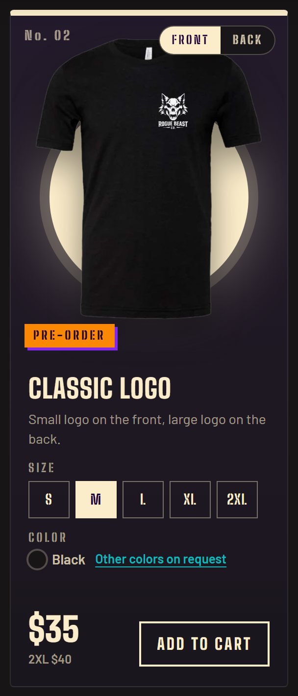 The Classic Logo product card showing the front of the tee, size M picked, the color, the $35 price with 2XL at $40, and Add to cart