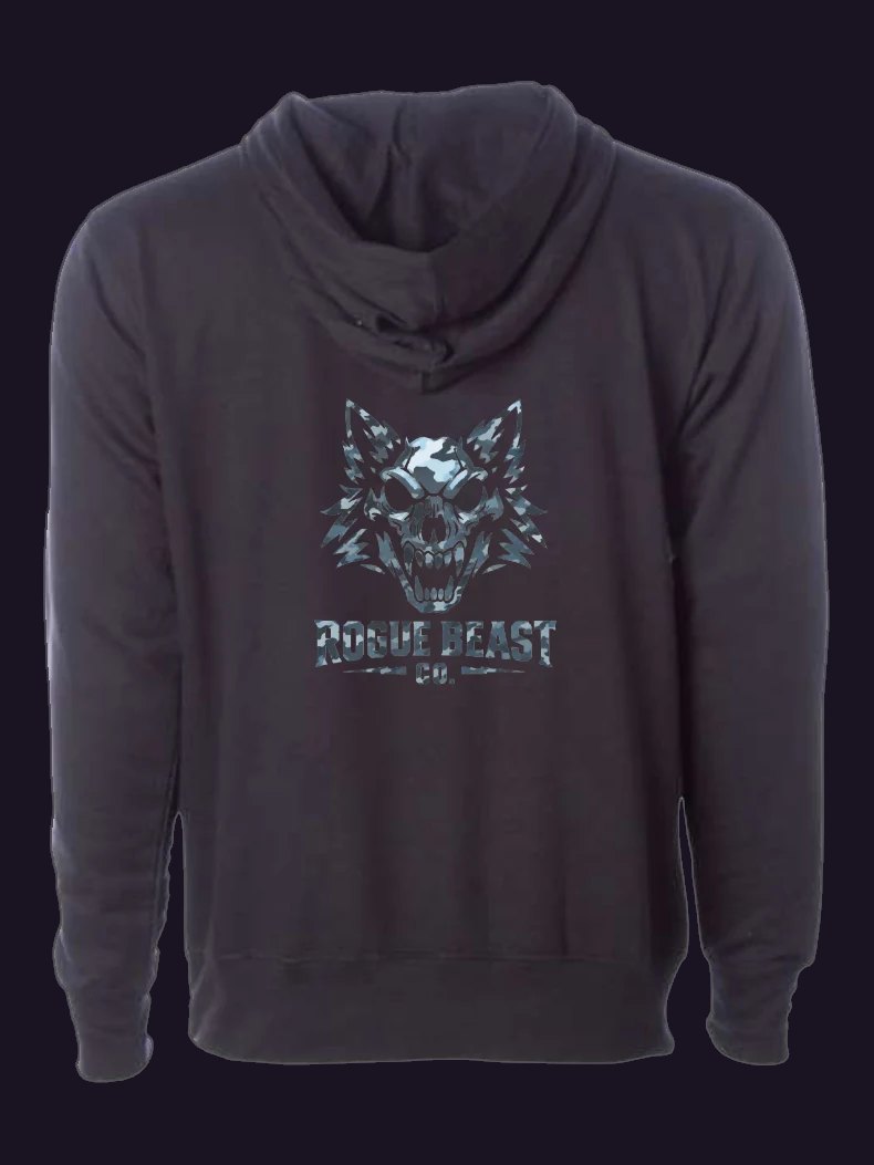 The back of the Camo Logo hoodie, with the logo printed large in blue-gray camo