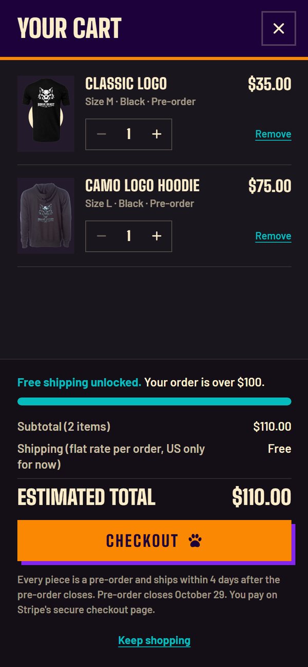 The Rogue Beast Co. cart on a phone: a Classic Logo tee and a Camo Logo hoodie, free shipping unlocked, a $110 estimated total, the Checkout button and the pre-order close date